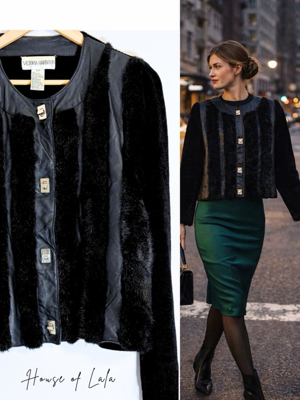 90s Vintage Faux Fur & Leather Panel Jacket – Black Evening Statement Piece